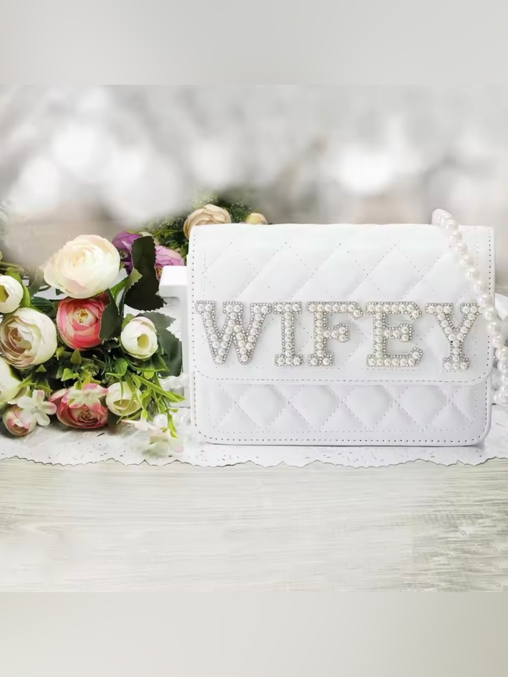 Macy's White Quilted Pearl-Embellished Crossbody Bag with MRS Letters